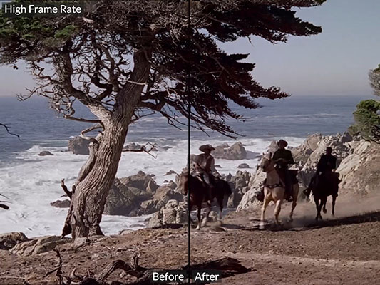 Film frame of riders on horseback on a rocky coast before and after high frame rate conversion