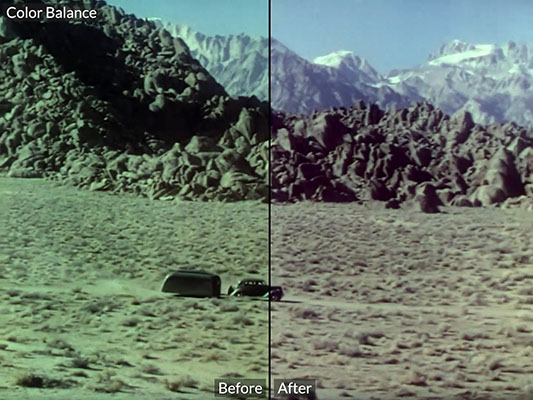 Desert film frame with snowy mountains before and after color balance correction