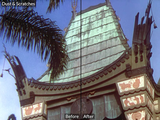 Film frame of an ornate theatre roof before and after dust and scratch removal