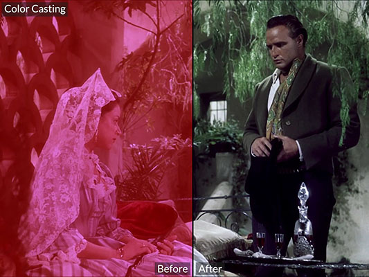 Film frame with a strong red color cast before and after color cast removal