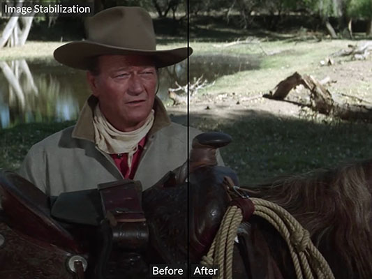 Film frame of a man in a cowboy hat beside a horse before and after image stabilization
