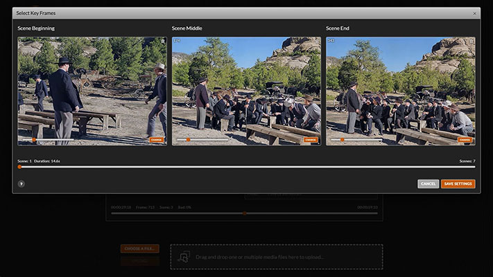 Select Key Frames window with colorized keyframes from the beginning, middle and end of a film scene