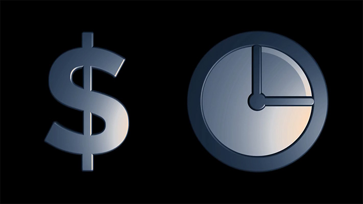 Dollar sign and clock symbolising the cost and time saved by cloud-based film restoration