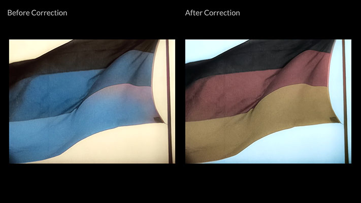 Colorized film frame of a German flag before and after a manual keyframe color correction