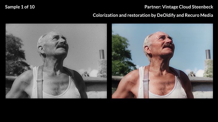 Black-and-white film frame of an elderly man next to the same frame colorized and restored by Recuro Media