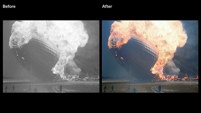 Black-and-white film frame of the burning Hindenburg airship next to the same frame restored and colorized by Recuro Media